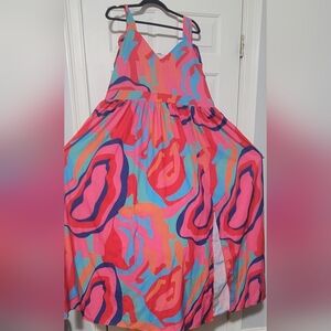 Colorful Abstract Print Maxi Dress - Bright Pink & Blue
